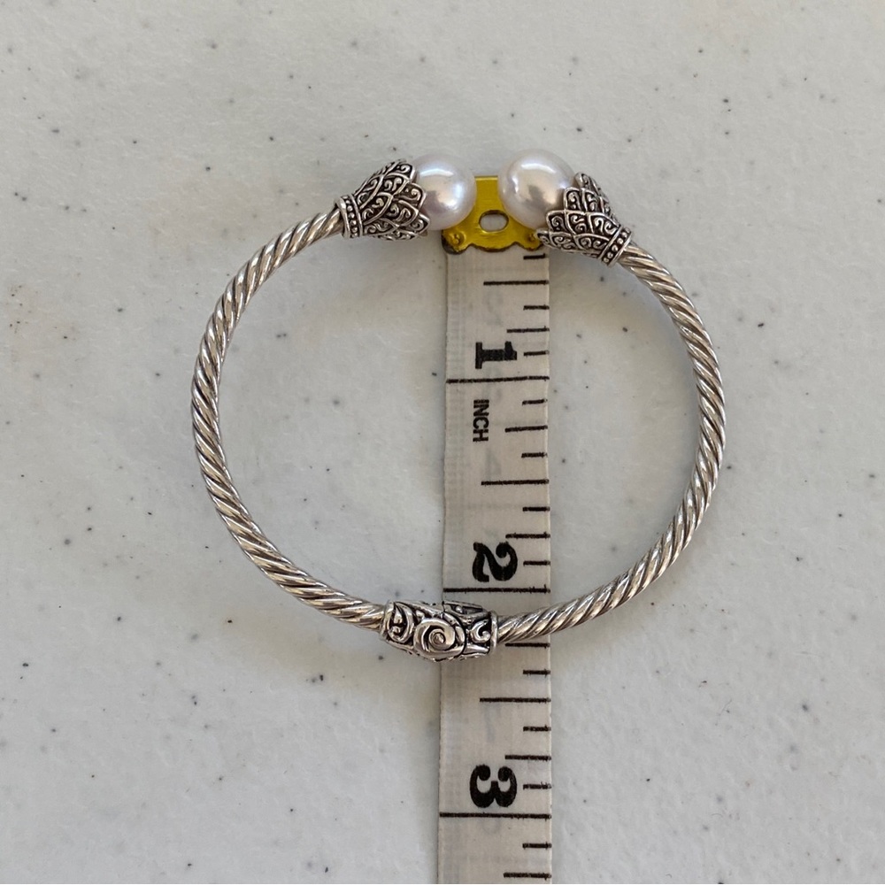 Sarda Artisan Bali Sterling Hinged Silver Twist Cuff Bracelet with Pearl Ends - Picture 7 of 9